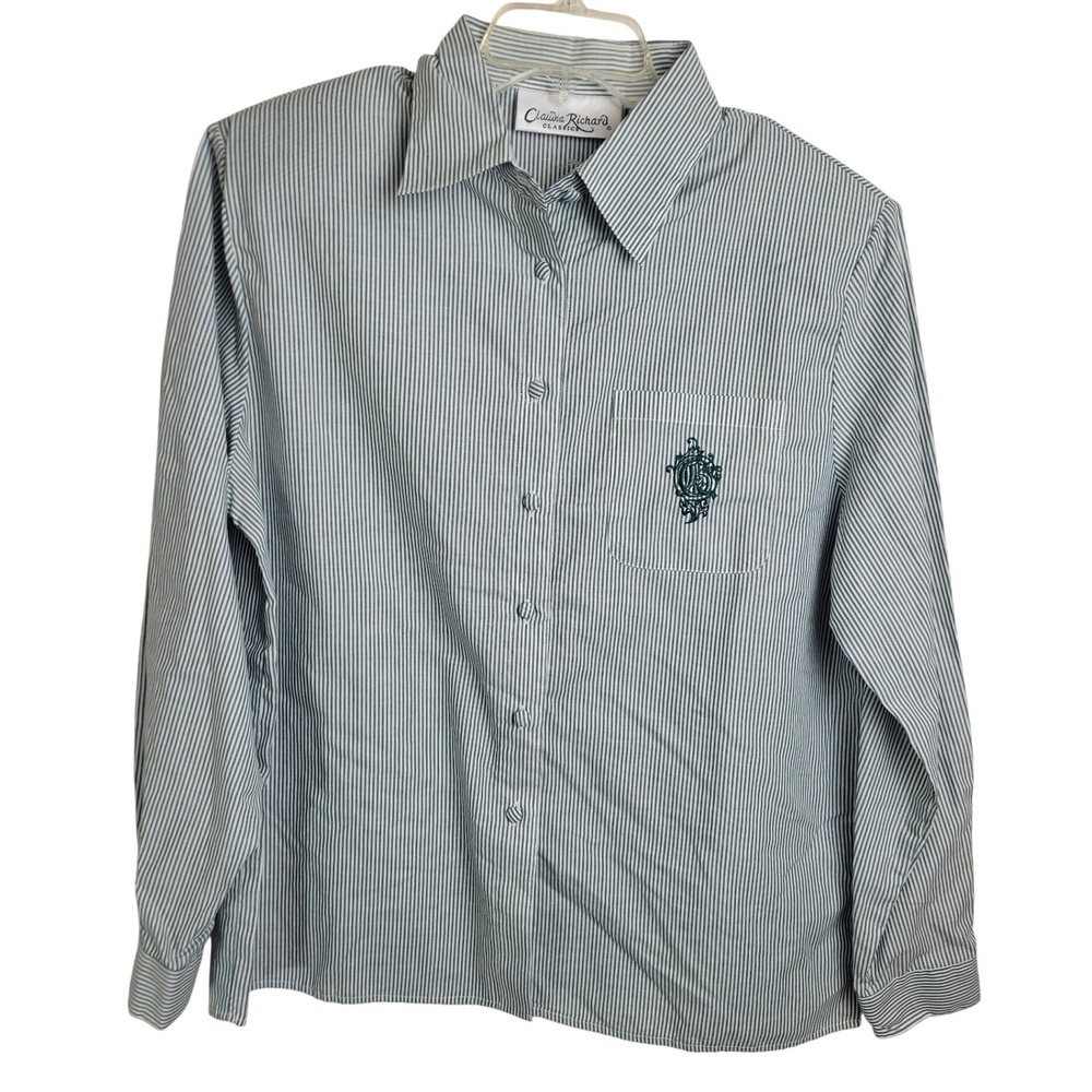 Vtg Claudia Richard Shirt Stripe Button Down Preppy Career Green Women Size 16